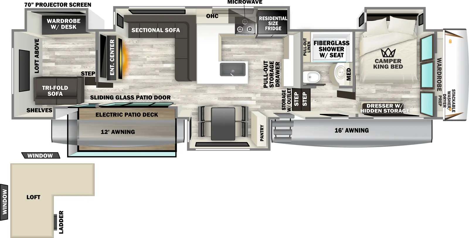 The Sabre 37RVMILES floorplan has one entry and four slide outs. Exterior features include: fiberglass exterior and 12' & 16' awning. Interiors features include: free-standing dinette option and front bedroom.